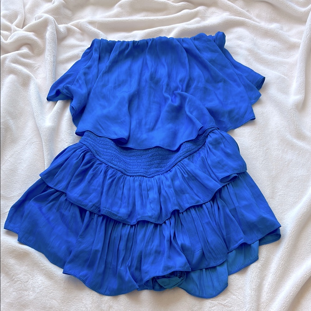 Blue Off-Shoulder Ruffle Romper